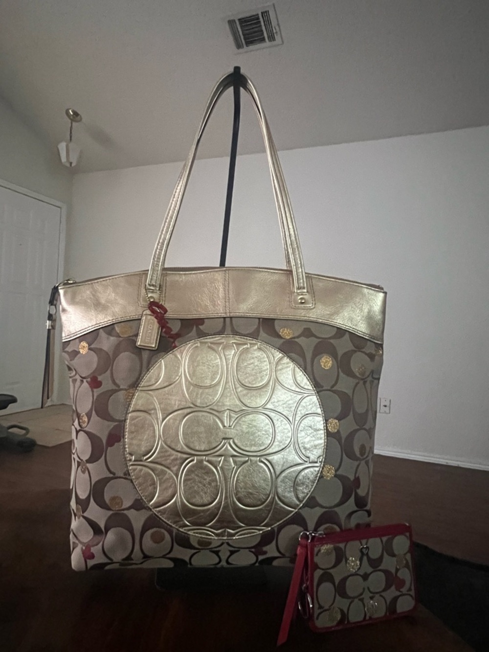 Coach Khaki Signature Tote with Metallic Gold Trim and Red Accent Wristlet